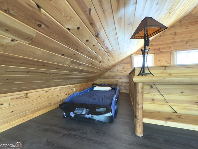bonus room featuring wood walls, vaulted ceiling, wooden ceiling, and wood finished floors