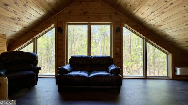 living room featuring vaulted ceiling, wood ceiling, wooden walls, wood finished floors, and plenty of natural light