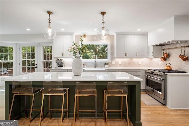 kitchen with stainless steel stove, a sink, custom exhaust hood, light countertops, and tasteful backsplash