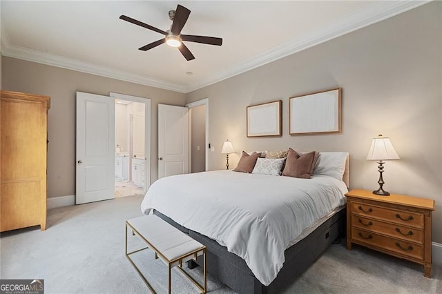 580 Cliftwood Ct, Sandy Springs, GA 30328 - bedroom with light colored carpet, ornamental molding, ensuite bathroom, and ceiling fan