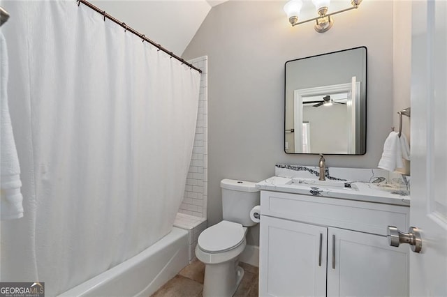 580 Cliftwood Ct, Sandy Springs, GA 30328 - bathroom with vanity, shower / tub combo with curtain, vaulted ceiling, and a ceiling fan