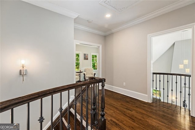 580 Cliftwood Ct, Sandy Springs, GA 30328 - hall with attic access, an upstairs landing, dark wood-style flooring, crown molding, and recessed lighting