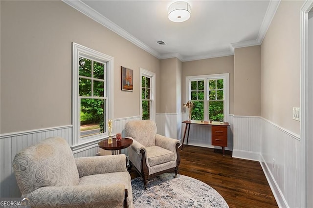 580 Cliftwood Ct, Sandy Springs, GA 30328 - living area with wainscoting, plenty of natural light, dark wood-type flooring, and ornamental molding