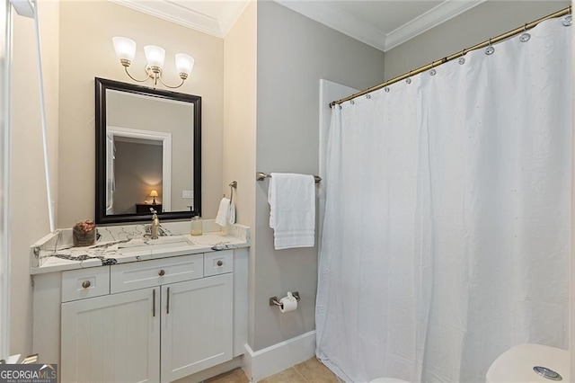 580 Cliftwood Ct, Sandy Springs, GA 30328 - bathroom with vanity, ornamental molding, and a shower with shower curtain