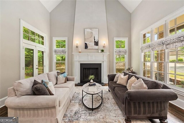 580 Cliftwood Ct, Sandy Springs, GA 30328 - living area with high vaulted ceiling, wood finished floors, healthy amount of natural light, and a fireplace