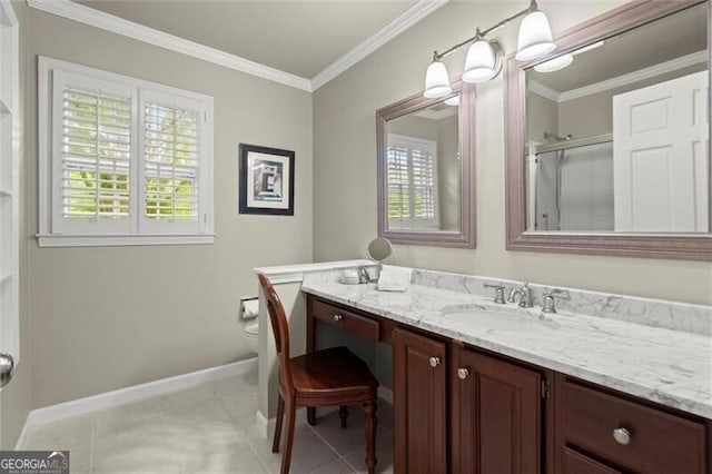 bathroom featuring plenty of natural light, an enclosed shower, vanity, crown molding, and toilet