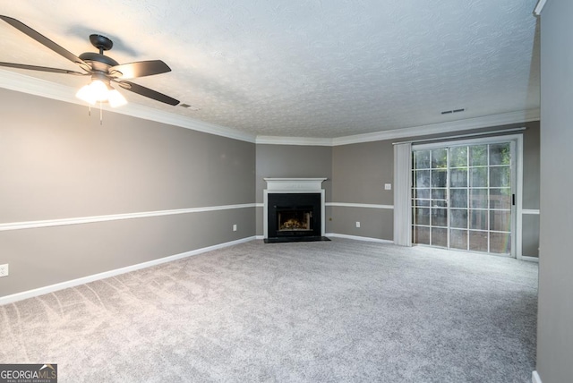 3001 Majestic Park Ct, Duluth, GA 30096 - unfurnished living room with ceiling fan, carpet, a fireplace with flush hearth, crown molding, and baseboards