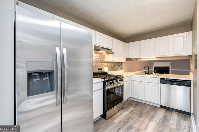 3001 Majestic Park Ct, Duluth, GA 30096 - kitchen featuring appliances with stainless steel finishes, under cabinet range hood, a sink, light wood finished floors, and light countertops