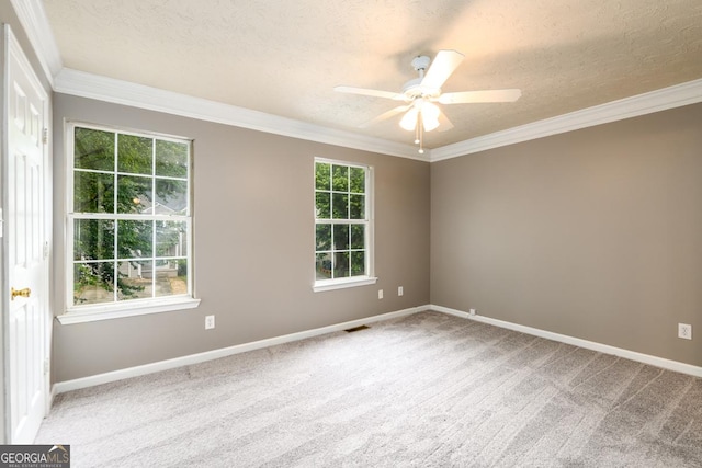 3001 Majestic Park Ct, Duluth, GA 30096 - carpeted spare room featuring a textured ceiling, ceiling fan, baseboards, and crown molding