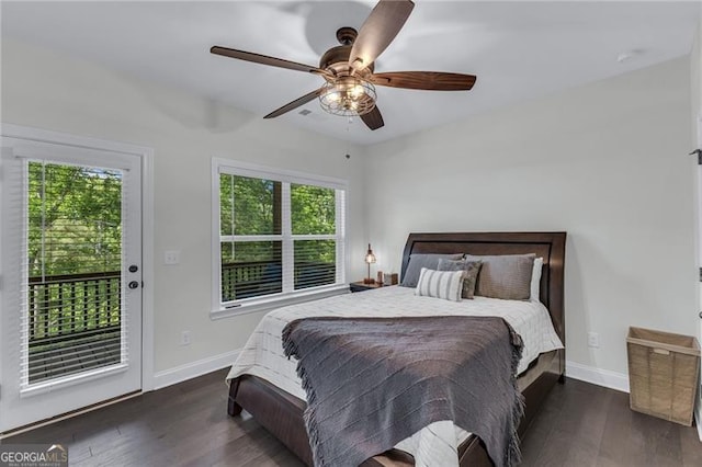 6150 Bridge Fair Rd, Cumming, GA 30028 - bedroom with access to exterior, wood finished floors, baseboards, and a ceiling fan