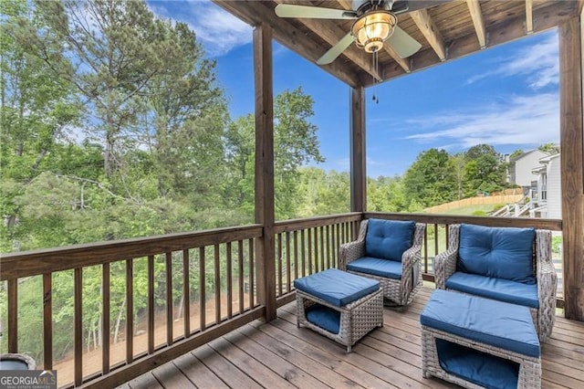 6150 Bridge Fair Rd, Cumming, GA 30028 - wooden terrace featuring ceiling fan