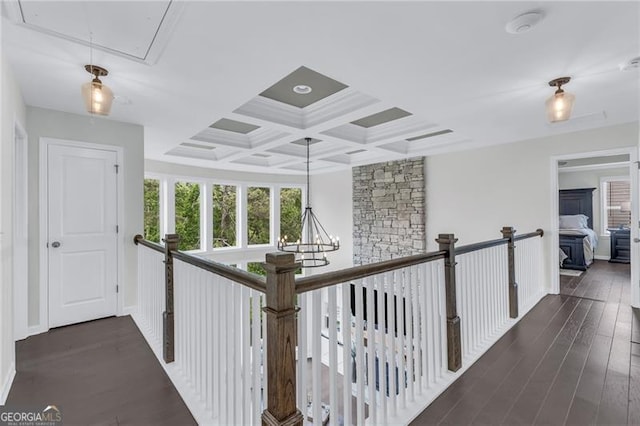 6150 Bridge Fair Rd, Cumming, GA 30028 - corridor with attic access, coffered ceiling, wood finished floors, beam ceiling, and an upstairs landing