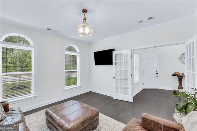 6150 Bridge Fair Rd, Cumming, GA 30028 - living area with dark wood-style flooring, ornamental molding, baseboards, and french doors