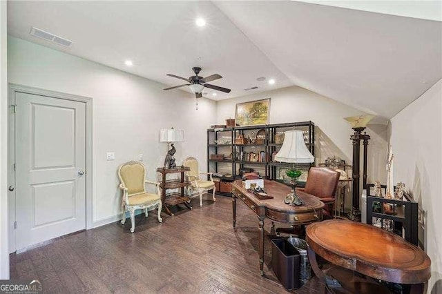 sitting room with wood finished floors, lofted ceiling, ceiling fan, recessed lighting, and baseboards