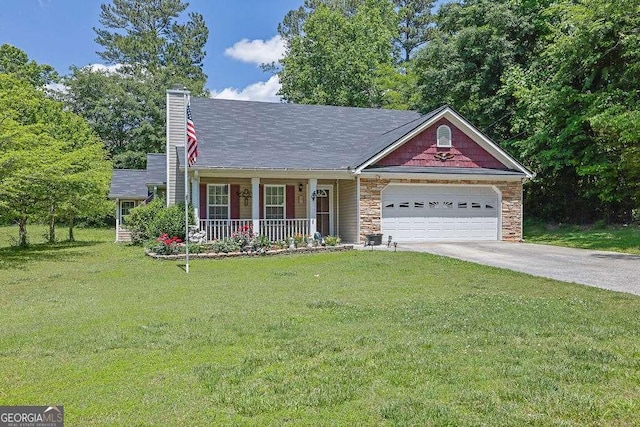 view of front facade featuring a porch, driveway, an attached garage, stone siding, and a front yard