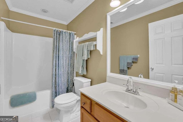 full bathroom with tile patterned floors, toilet, crown molding, vanity, and shower / tub combo