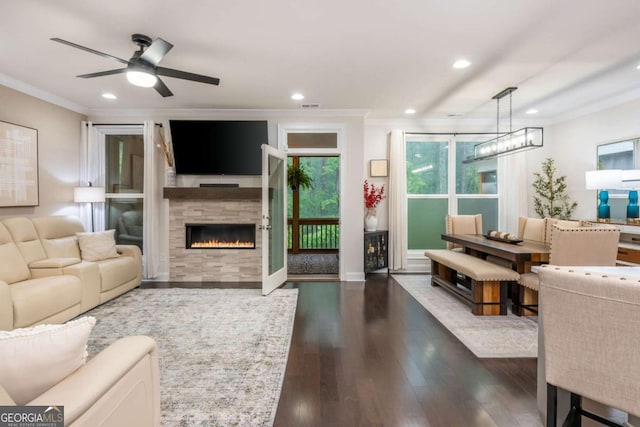 living room with crown molding, dark wood-type flooring, ceiling fan, recessed lighting, and a fireplace