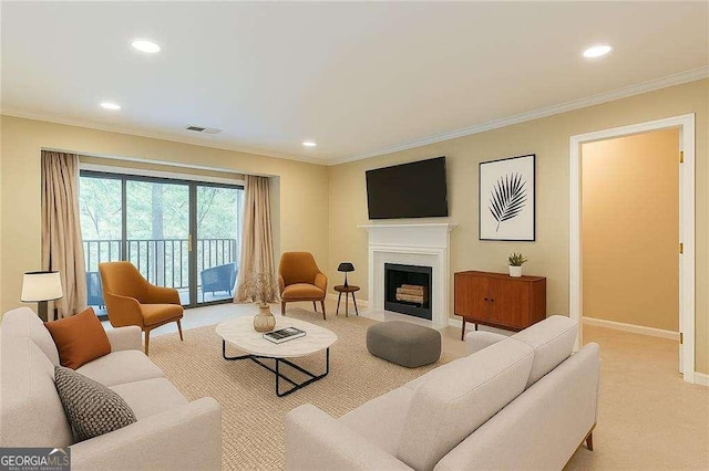 28106 Plantation Dr NE, Atlanta, GA 30324 - living area featuring recessed lighting, baseboards, ornamental molding, light colored carpet, and a fireplace