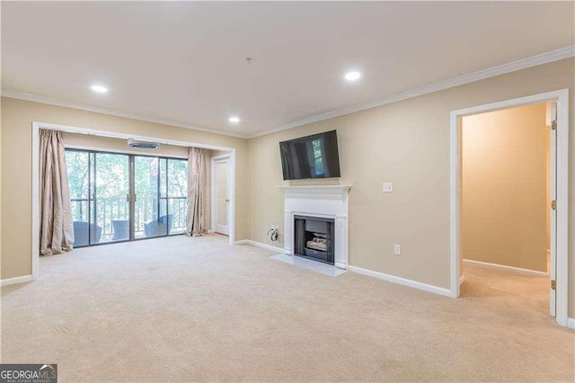 28106 Plantation Dr NE, Atlanta, GA 30324 - unfurnished living room with crown molding, baseboards, light colored carpet, a fireplace with flush hearth, and recessed lighting