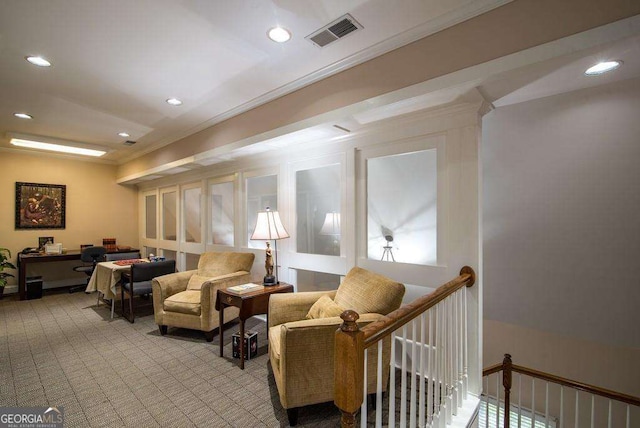 28106 Plantation Dr NE, Atlanta, GA 30324 - living area featuring carpet, recessed lighting, crown molding, and an upstairs landing