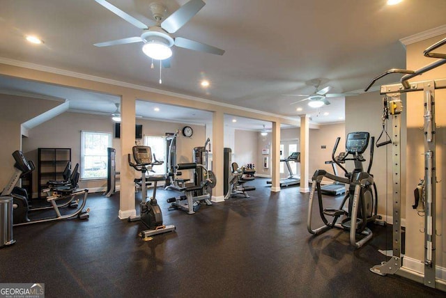 28106 Plantation Dr NE, Atlanta, GA 30324 - workout area featuring ceiling fan, ornamental molding, baseboards, and recessed lighting