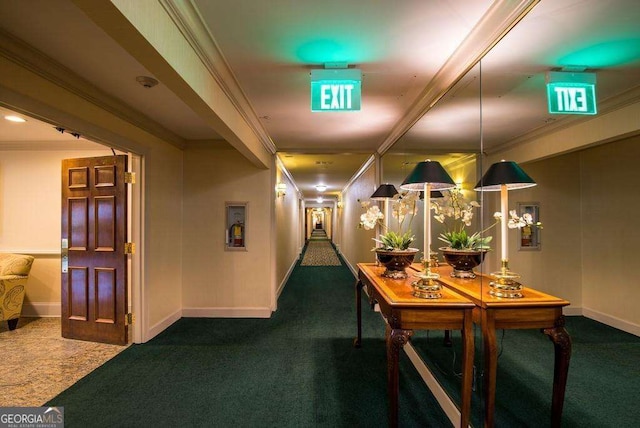28106 Plantation Dr NE, Atlanta, GA 30324 - hallway featuring ornamental molding, baseboards, and carpet flooring