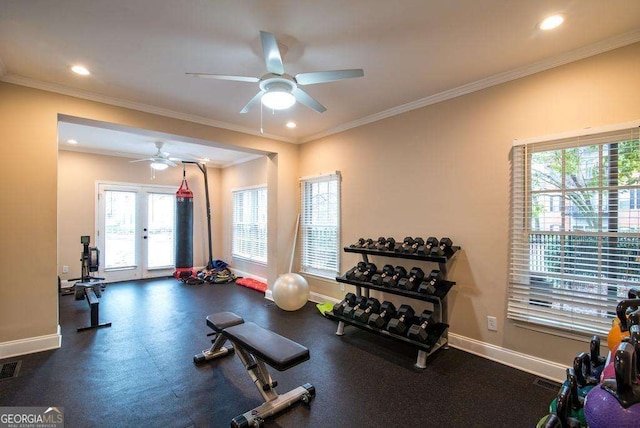 28106 Plantation Dr NE, Atlanta, GA 30324 - exercise room with ceiling fan, recessed lighting, baseboards, and ornamental molding