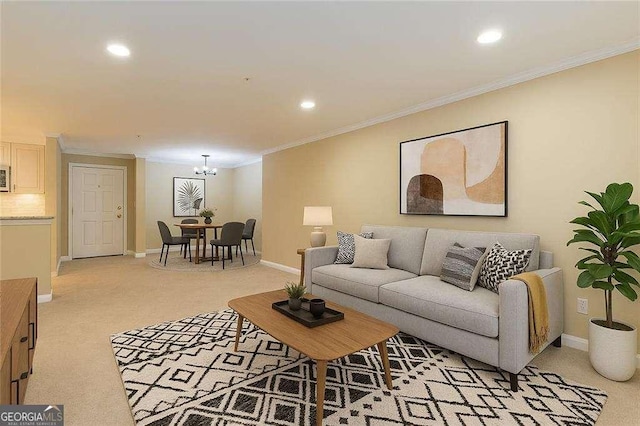28106 Plantation Dr NE, Atlanta, GA 30324 - living room featuring recessed lighting, ornamental molding, baseboards, and light carpet