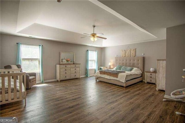 4271 Haywater Cv, Buford, GA 30519 - bedroom featuring a raised ceiling, wood finished floors, baseboards, and ceiling fan