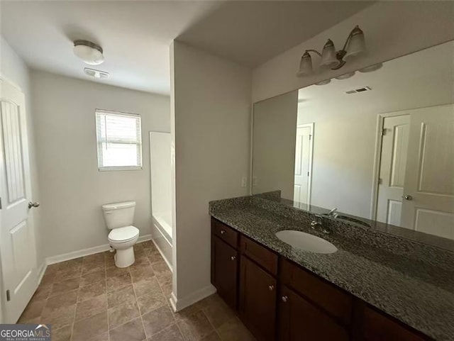 full bathroom with toilet, baseboards, and vanity