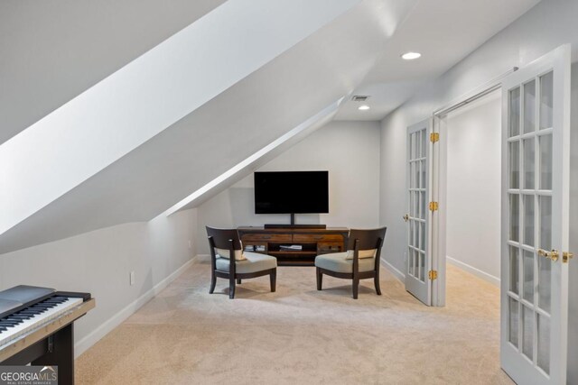 home office featuring french doors, carpet floors, baseboards, vaulted ceiling, and recessed lighting