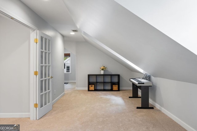 bonus room featuring carpet floors, lofted ceiling, recessed lighting, and baseboards