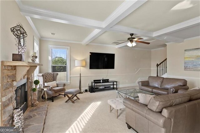 1307 Clarecastle Ln, Buford, GA 30519 - living area featuring beam ceiling, coffered ceiling, carpet flooring, ornamental molding, and a stone fireplace