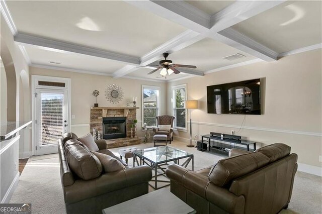1307 Clarecastle Ln, Buford, GA 30519 - living area with ceiling fan, wood finished floors, recessed lighting, and ornamental molding