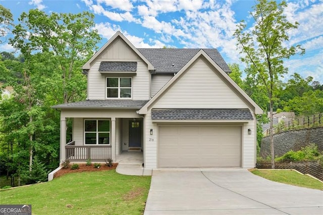 view of front of house with concrete driveway, covered porch, a front lawn, roof with shingles, and an attached garage