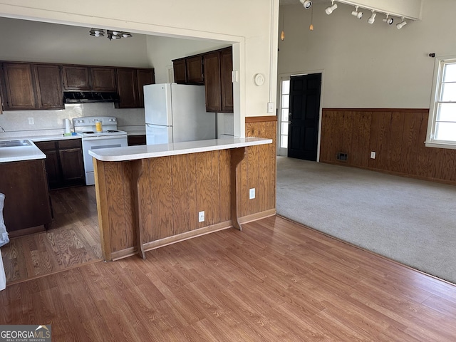 2195 Wilson Rd NW, Conyers, GA 30012 - kitchen with white appliances, under cabinet range hood, a wainscoted wall, a sink, and light countertops