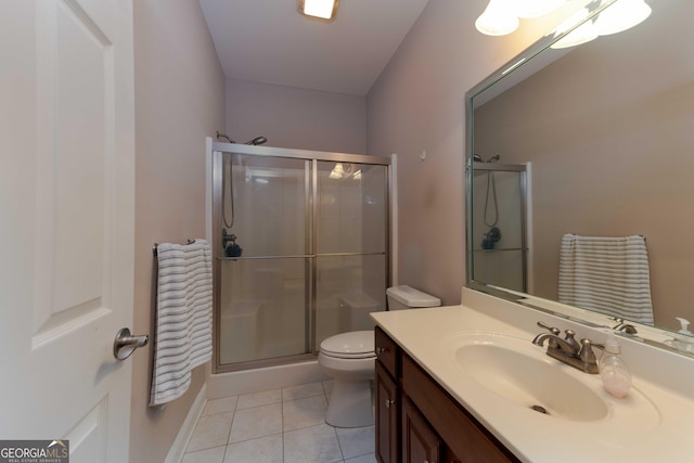bathroom with a stall shower, tile patterned flooring, vanity, and toilet