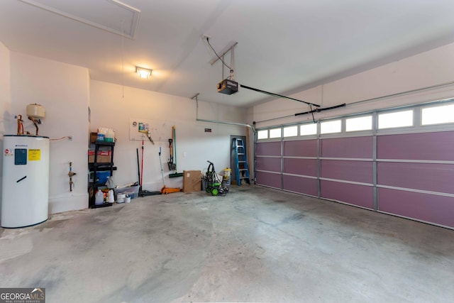 garage featuring electric water heater and a garage door opener