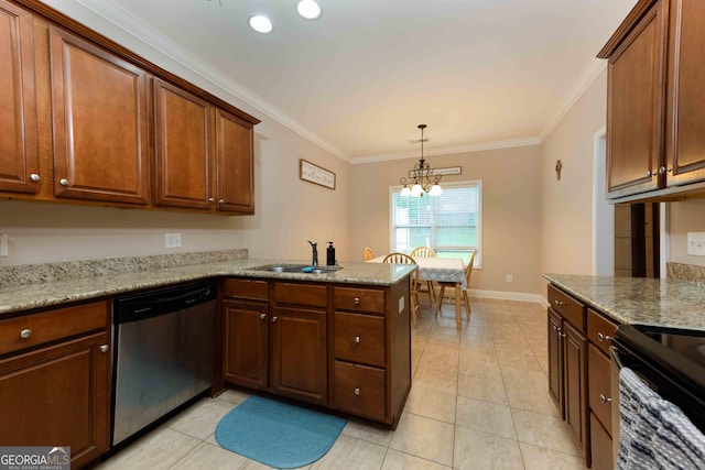 kitchen featuring dishwasher, a sink, crown molding, light tile patterned flooring, and a chandelier