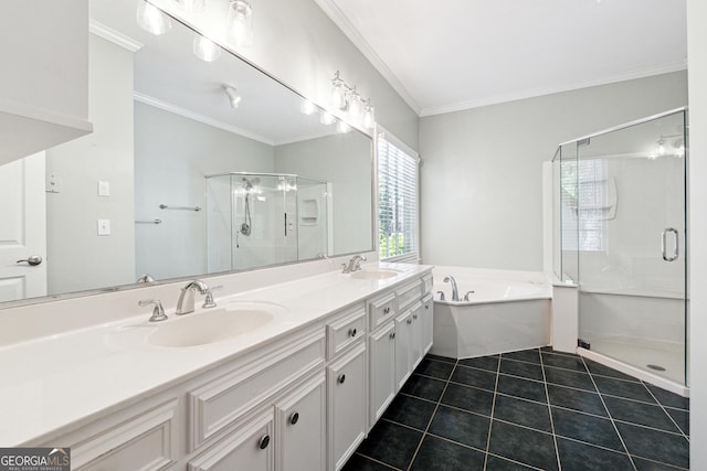 936 Bramble Oak Ct, Powder Springs, GA 30127 - bathroom featuring a stall shower, double vanity, a bath, crown molding, and tile patterned floors