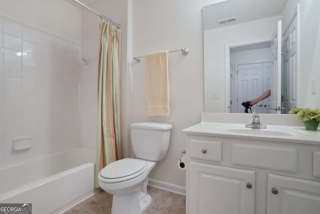 2595 Grapevine Cir, Cumming, GA 30041 - bathroom featuring toilet, vanity, shower / tub combo, tile patterned floors, and baseboards