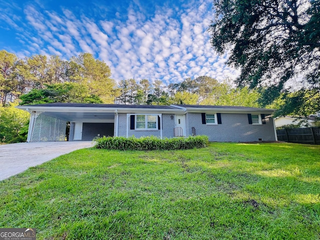 single story home featuring a carport, driveway, and brick siding