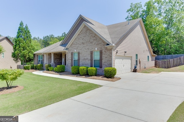 view of front facade with driveway, brick siding, a garage, roof with shingles, and cooling unit