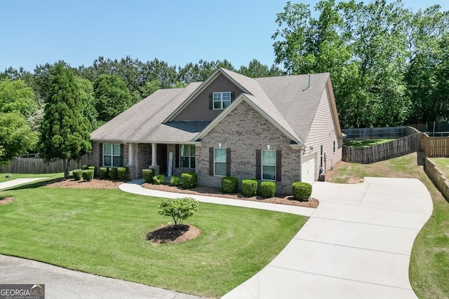 craftsman-style house with brick siding, concrete driveway, roof with shingles, and a garage