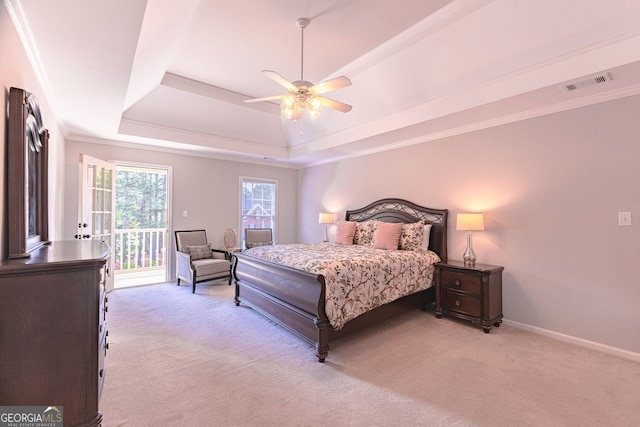 200 N Willow Ct, Alpharetta, GA 30004 - bedroom with light colored carpet, access to outside, a tray ceiling, ceiling fan, and crown molding