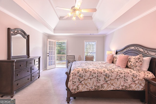 200 N Willow Ct, Alpharetta, GA 30004 - bedroom with light carpet, access to exterior, ornamental molding, a raised ceiling, and ceiling fan