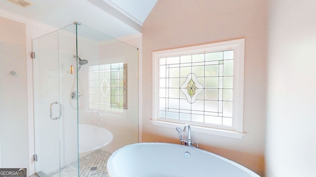 200 N Willow Ct, Alpharetta, GA 30004 - bathroom with a freestanding tub, a shower stall, healthy amount of natural light, and crown molding