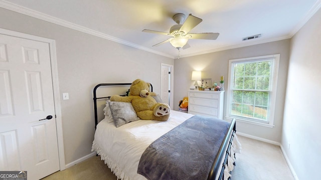 200 N Willow Ct, Alpharetta, GA 30004 - bedroom with light carpet, ornamental molding, and a ceiling fan