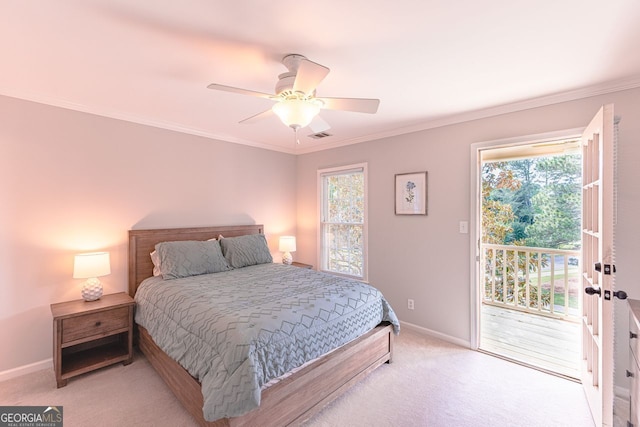 200 N Willow Ct, Alpharetta, GA 30004 - bedroom with access to exterior, light carpet, crown molding, and a ceiling fan