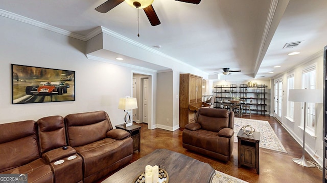 200 N Willow Ct, Alpharetta, GA 30004 - living room featuring ceiling fan, ornamental molding, recessed lighting, and finished concrete flooring